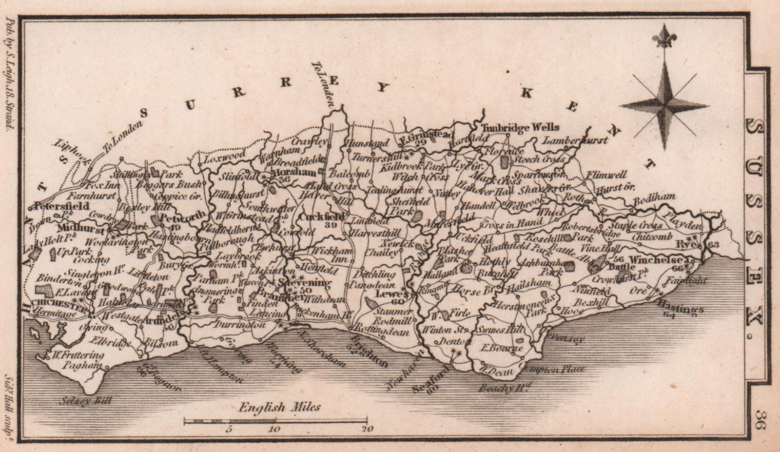 Sussex miniature county map by Samuel Leigh / Sidney Hall c1820 old